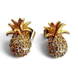 Gold Over 925 Sterling Silver Pave CZ Pineapple Stud Earrings Tropical